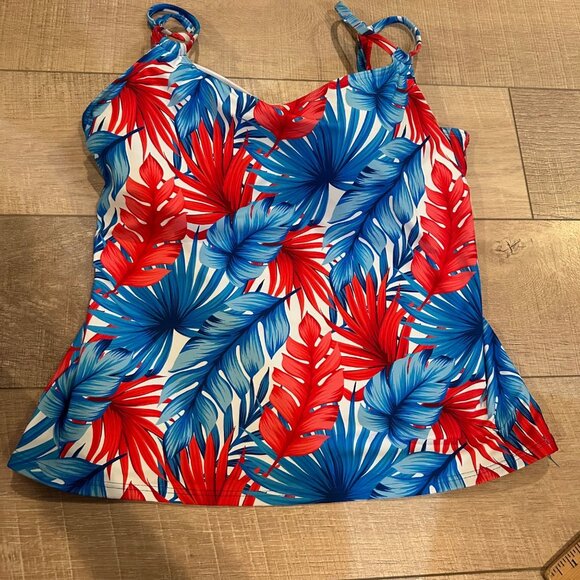 SUNSETS WOMENS PATRIOTIC BLUE AND RED TANKINI TOP SWIM 34DD - Picture 1 of 8